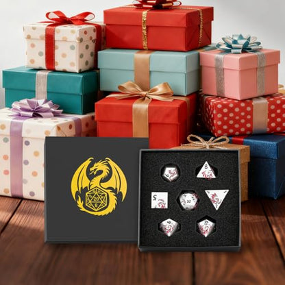 Metal Dice Set, Flat Face White Red Dragon Pattern, 7pcs Polyhedral Metal DND Dice Set, DND Starter Set, D&D Gifts with Gift Box, Role Playing Board Games Accessories, White - color: White+ Red
