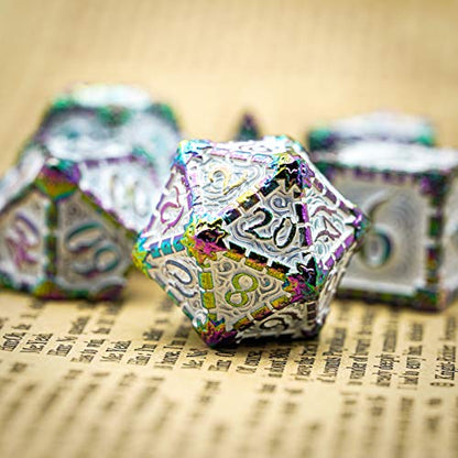 Cusdie 7 Pcs Metal DND Dice with Metal Box, Dagger Design Polyhedral Dice Set, for Role Playing Game D&D Dice (Colorful White) - color: Colorful White