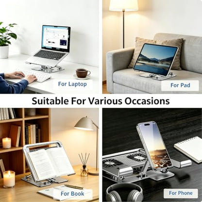 Laptop & Phone 2-in-1 Cooling Stand with Silent Fan, Adjustable Height & Angle, Carbon Steel Foldable Laptop Riser, Gaming Laptop Cooler Pad for Laptops Up to 18 Inch (Silver) - color: Silver