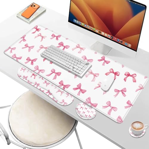 Desk Pad and Keyboard Wrist Rest, Large Mouse Pad + Keyboard Pad+Mouse Wrist Support, Non-Slip Desk Mat Protector for Office, Home 31.5×11.8 Inches Pink Bow - color: Pink Bow