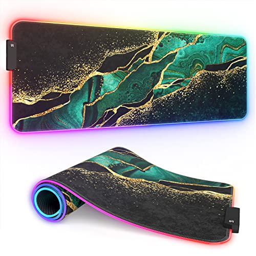ITNRSIIET RGB Gaming Mouse Pad, Full Desk XL Extended Large Gaming Mousepad, 12 Lighting Modes, 30% Thicker, Big LED Desk Mat for Keyboard Computer Men Gamers Esport Pros, 32" x 12", Black Teal Marble - color: Luxurious Teal Marble