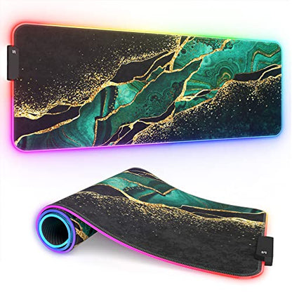 ITNRSIIET RGB Gaming Mouse Pad, Full Desk XL Extended Large Gaming Mousepad, 12 Lighting Modes, 30% Thicker, Big LED Desk Mat for Keyboard Computer Men Gamers Esport Pros, 32" x 12", Black Teal Marble - color: Luxurious Teal Marble