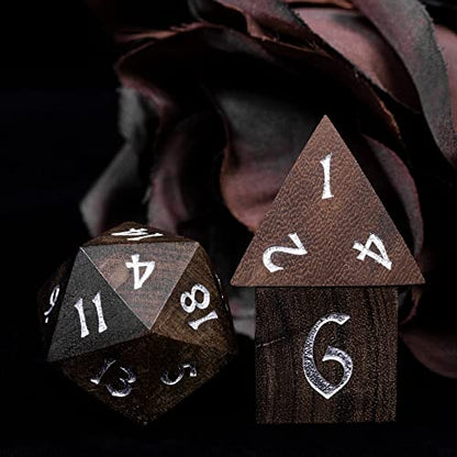 Wooden Dice Set Bubinga Wood DND Dice Set for D&D Tabletop Games | Iron Box, DM Gift, for Dungeons and Dragons Role Playing Games - color: Bubinga Wood