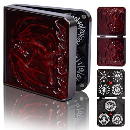 7-in-1 DND Pocket Spinner Dice Set, Foldable Flip Dice with Delicate Dragon Iron Box, Compact Dice Set for DND Role-Playing Games Fans (Red) - color: Red