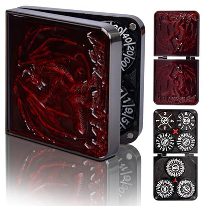 7-in-1 DND Pocket Spinner Dice Set, Foldable Flip Dice with Delicate Dragon Iron Box, Compact Dice Set for DND Role-Playing Games Fans (Red) - color: Red