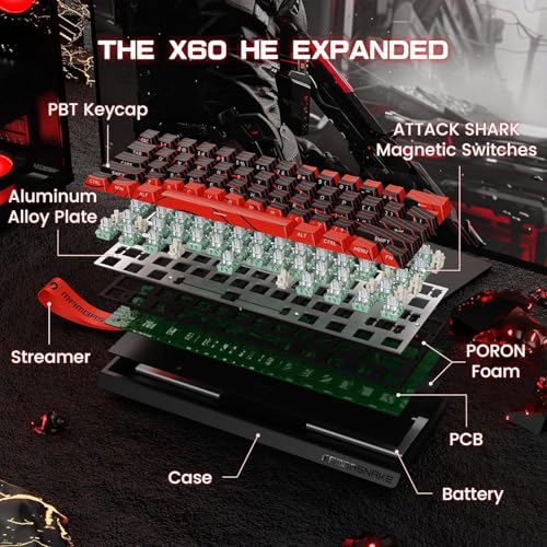 ATTACK SHARK MAMBASNAKE X60 HE Wireless 8K Mechanical RT Keyboard-Black Red | Tri Mode-2.4Ghz/BT/Wired,Hall Effect Magnetic Switch,RGB Backlight,0.01mm Accuracy,4000 mAh battery,Web Driver for PC Win Mac - color: Black Red, size: Keyboard
