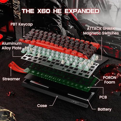 ATTACK SHARK MAMBASNAKE X60 HE Wireless 8K Mechanical RT Keyboard-Black Red | Tri Mode-2.4Ghz/BT/Wired,Hall Effect Magnetic Switch,RGB Backlight,0.01mm Accuracy,4000 mAh battery,Web Driver for PC Win Mac - color: Black Red, size: Keyboard