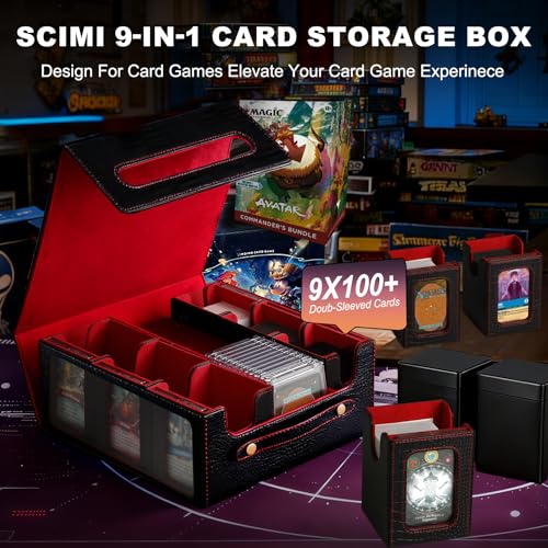 9IN1 MTG Deck Box with Handle, Fits 1000 Trading Cards or 8 Commander Decks, Premium Black Red Leather TCG Storage Case with 8 Removable Trays and 10 Dividers, Compatible with Magic, Yu-Gi-Oh! - color: Black Red