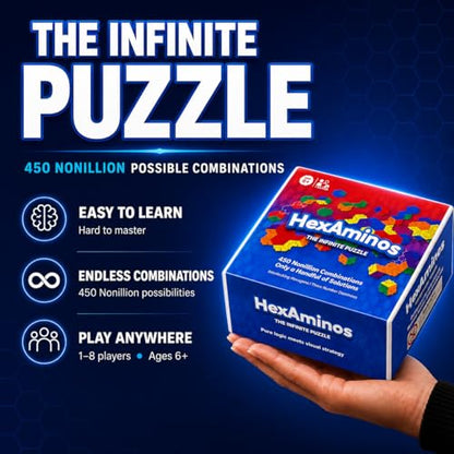 The Infinite Puzzle: Strategy Board Game for Familiy, Teens & Adults. 56 Hexagon Tiles for Solo or 1-8 Players. Travel-Friendly STEM Logic Game, 450 Nonillion Combinations, 8x7 Grid Challenge Ages +6