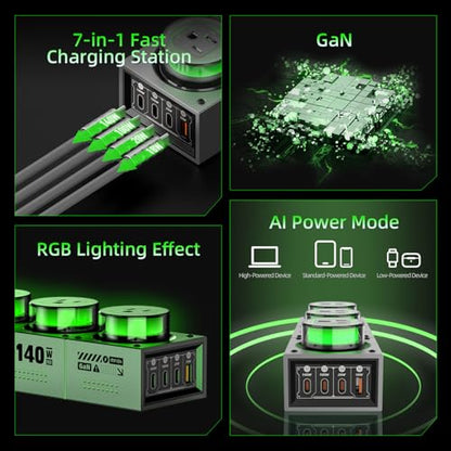 E-Tank 7-in-1 Desktop Charging Station, 140W Max GaN USB-C Charger | 3 AC Outlets, 3 USB-C Ports, 1 USB-A Port, PD 3.1 Fast Charging, Smart Power Sharing, RGB Lighting, Desk Power Hub - color: 140W Charger Station - Gray