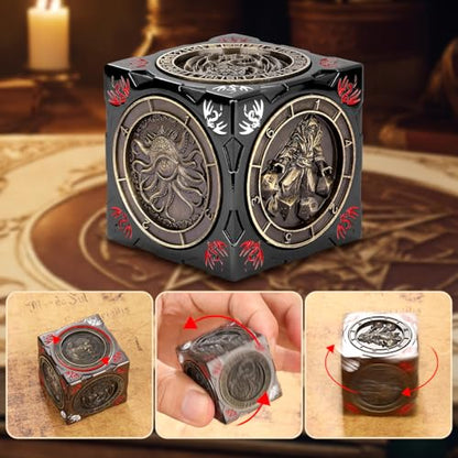 DND Spinner Dice, 7-in-1 Metal Dice Set, 3D Relief Design, DND Polyhedral Rotating Game Dice, D&D Gifts with Dragon Logo Gift Box, RPG, Role Playing Board Game Accessories, Black - color: Gold + Dark Grey