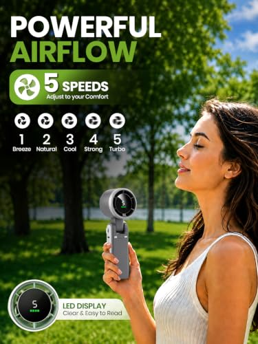 EcoNour Handheld Fan Rechargeable, Portable Mini USB Fan with 5 Speeds, 13550 RPM High-Speed Personal Cooling Fan, Foldable Battery Operated Travel Fan for Home, Office & Outdoor - Black - color: Black