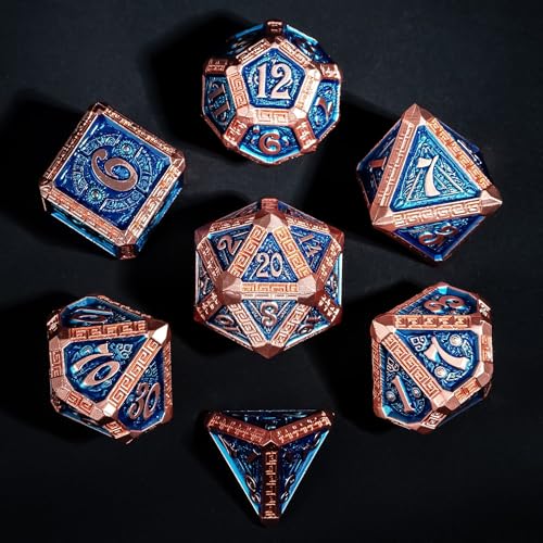 7-Piece Metal Dice Set - Mayan-Themed Zinc Alloy DND Dice for Tabletop Gaming, Gift, and Collecting - color: Mayan-themed-copper Blue