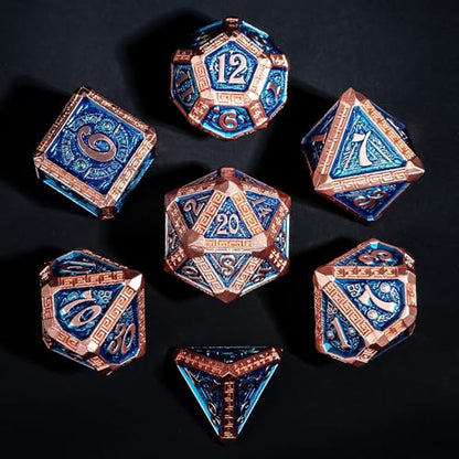 7-Piece Metal Dice Set - Mayan-Themed Zinc Alloy DND Dice for Tabletop Gaming, Gift, and Collecting - color: Mayan-themed-copper Blue