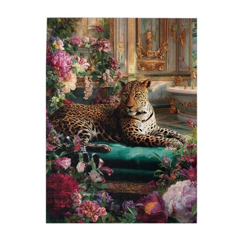 Vibrant Glamorous Leopard in Lush Floral Bath Space Wooden Jigsaw Puzzles for Adults 500 Pieces, Relaxing Escape from Daily Stress, Living Room Display Project, Party Game,Home Decor