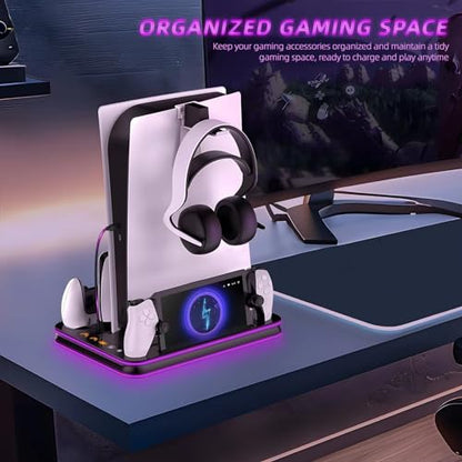 PlayStation Portal Charger, PS5 Stand and Cooling Station with RGB LED Controller Charging Dock Accessories, PS5 Edge Controller and PS Portal Charger, Headset and Remote Holders - color: Black