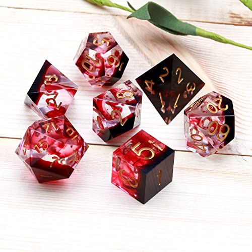 Haxtec Sharp Edge DND Dice Set, Blood Swirls Resin Polyhedral RPG Dice | Red D&D for Role Playing Games, Compatible with Dungeons and Dragons, Handmade 7-Die with Metal Case, TTRPG Gifts - color: Red Gold
