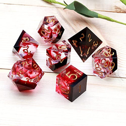Haxtec Sharp Edge DND Dice Set, Blood Swirls Resin Polyhedral RPG Dice | Red D&D for Role Playing Games, Compatible with Dungeons and Dragons, Handmade 7-Die with Metal Case, TTRPG Gifts - color: Red Gold