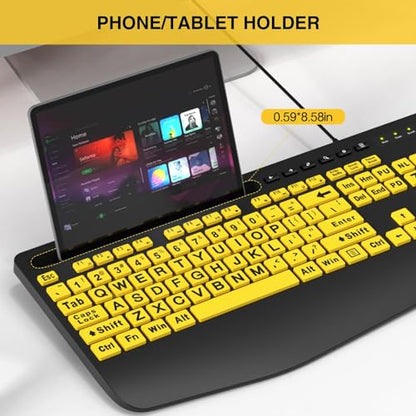 SABLUTE Large Print Keyboard Wired Computer Keyboards with Wrist Rest, Phone Holder, Big Letters Easy to Read Compatible Windows, Desktop, Laptop, Yellow - color: Yellow&Black