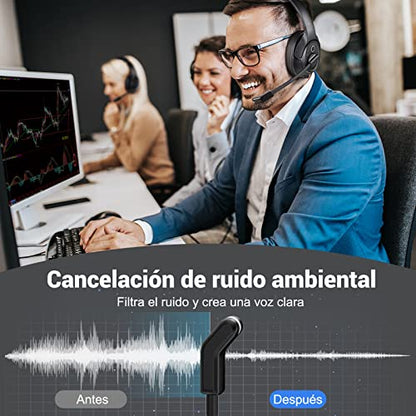 Bluetooth Headset for PC, Wireless Computer Headphone with AI-Powered Environmental Noise Cancelling Microphone & 2.4G USB Dongle, 55H Playtime, Over Ear Comfort Office Headset for Work, Laptop, Zoom