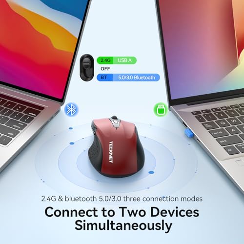 TECKNET Rechargeable Jiggler Wireless Mouse, Dual-Mode Connectivity, Red | Silent USB A & Bluetooth Mouse, 6 Adjustable DPI, 6 Buttons, Ergonomic Design, Long Battery Life, Multi-Device Compatibility - color: Red