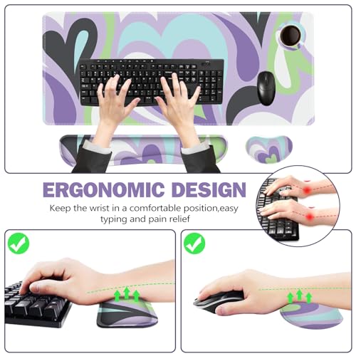 ToLuLu Extended Gaming Mouse Pad, Memory Foam Ergonomic Keyboard Mouse Wrist Rest Support Set, Large Desk Mat with Stitched Edges, Non-Slip Base Mousepad for Home Office Game Study, Purple Hearts - color: Purple Hearts