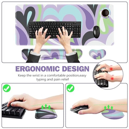 ToLuLu Extended Gaming Mouse Pad, Memory Foam Ergonomic Keyboard Mouse Wrist Rest Support Set, Large Desk Mat with Stitched Edges, Non-Slip Base Mousepad for Home Office Game Study, Purple Hearts - color: Purple Hearts