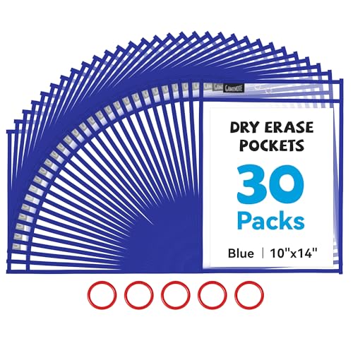 Gamenote Dry Erase Pockets 30 Pack with Rings - Oversized Reusable Plastic Sleeves Shop Ticket Holders Sheet Protectors Teacher Supplies for Classroom Organization (Blue) - color: Blue, size: 30 Pack