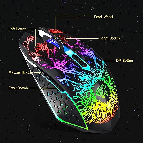 VEGCOO Wireless Gaming Mouse, Rechargeable Gaming Mouse, Silent Optical Mice with 2.4G USB Receiver, 3 Level DPI, 6 Buttons, 7 Colors LED Lights for PC/Mac Gamer, Laptop and Desktop - color: black