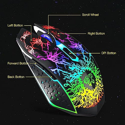 VEGCOO Wireless Gaming Mouse, Rechargeable Gaming Mouse, Silent Optical Mice with 2.4G USB Receiver, 3 Level DPI, 6 Buttons, 7 Colors LED Lights for PC/Mac Gamer, Laptop and Desktop - color: black