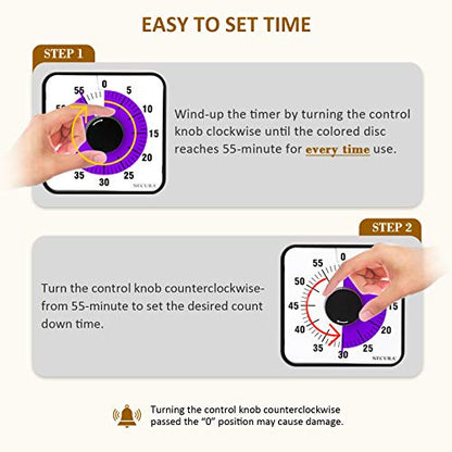 Secura 60-Minute Visual Countdown Timer, 7.5-Inch Oversize Classroom Visual Timer for Kids and Adults, Durable Mechanical Kitchen Timer Clock with Magnetic Backing (Purple) - color: Purple & Black
