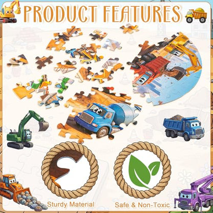Civaner 70 Pieces Floor Puzzles Round Large Puzzles for Kids Ages 3-5 5-8 Jumbo Jigsaw Puzzle Educational Gifts for Toddlers Girls Boys Baby Shower Holiday Birthday (Construction Vehicles) - style: Construction Vehicles
