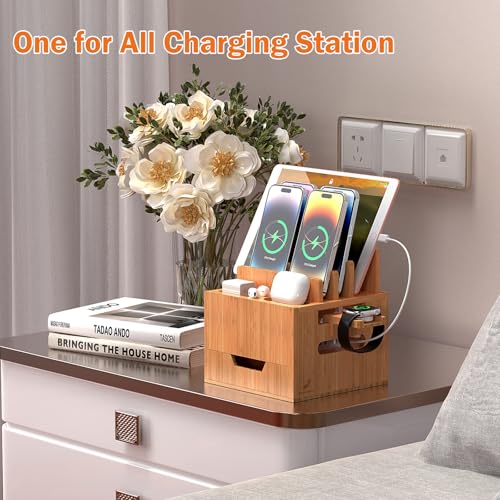 Pezin & Hulin Multi Device Charging Station with Drawer & USB Charger | All in One Dock Organizer with Large Storage, Bamboo Rack for Phones, Tablets, Watch, Earbuds (Charger & 5 Cables Included) - color: #2 (With Charger)