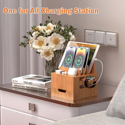 Pezin & Hulin Multi Device Charging Station with Drawer & USB Charger | All in One Dock Organizer with Large Storage, Bamboo Rack for Phones, Tablets, Watch, Earbuds (Charger & 5 Cables Included) - color: #2 (With Charger)