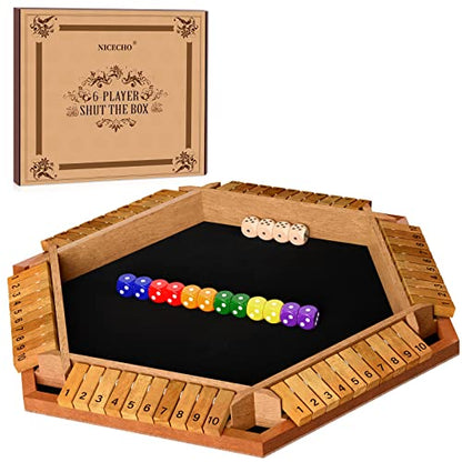 Nicecho 2-6 Players Shut The Box Dice Game, Wooden Board Table Math Game with 16 Dice, Classics Tabletop Games for Kids Adults, Family,Classroom,Home,Party or Pub - color: Brown