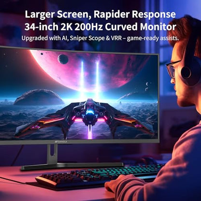 SANSUI 34-Inch Curved Gaming Monitor UWQHD 3440 x 1440P Up to 200Hz Curved 1500R - PIP/PBP, OD 1ms, HDR, 300nits, sRGB 130%, DCI-P3 97%,AI Crosshair,HDMI2.1x2,DP1.4(Cable Included) - size: 34 Inch