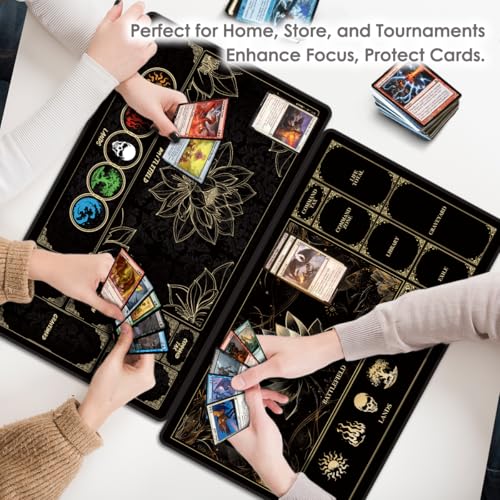 MTG Playmat with Play Zones – Magic Play mat Card Game Mat for Magic The Gathering, Lotus & Basic Lands Design, 24x14 inch, Stitched Edge, Non-Slip Base with Prismatic Playmat Tube-Gold Lotus - color: Zone 1-gold Lotus