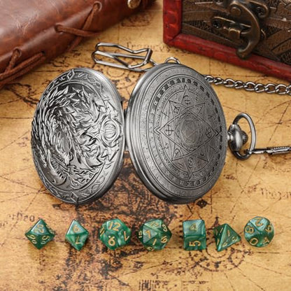 Mini DND Dice Set, 7-Piece Polyhedral Acrylic D&D Dice, with Steampunk Dragon Large Pocket Watch Case, DND Gift Bag with Dragon Logo, Role Play Board Game Accessories, Dark Silver + Green - color: Silver + Green