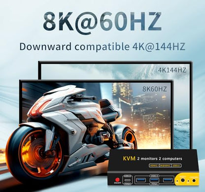 DP HDMI KVM Switch 2 Monitors 2 Computers Display Port | 8K@60HZ, USB3.0 with 1 USB C, DP and HDMI KVM Switches - size: 2 PC 2 Monitor-8K Yell