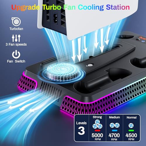 PS 5 Cooling Station, PS5/Slim/Pro Stand with Dual Charging Station for PlayStation5PRO, PS 5 Accessories Kits, Vertical Stand with 3 Levels Cooling Fan, Headset Holder for PlayStation5Digital/Disc - color: Piano-Black