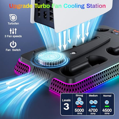 PS 5 Cooling Station, PS5/Slim/Pro Stand with Dual Charging Station for PlayStation5PRO, PS 5 Accessories Kits, Vertical Stand with 3 Levels Cooling Fan, Headset Holder for PlayStation5Digital/Disc - color: Piano-Black