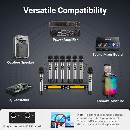 TONOR Wireless Microphones System, 8 * 12 Channel Metal Professional UHF Cordless Dynamic Handheld Mics with Receiver for Home Karaoke, Meeting, Party, Church, Wedding, KTV, 90 m/295ft, TW-880 Silver - style: 8 Mics