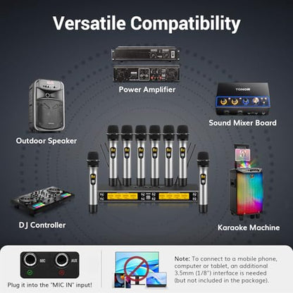 TONOR Wireless Microphones System, 8 * 12 Channel Metal Professional UHF Cordless Dynamic Handheld Mics with Receiver for Home Karaoke, Meeting, Party, Church, Wedding, KTV, 90 m/295ft, TW-880 Silver - style: 8 Mics
