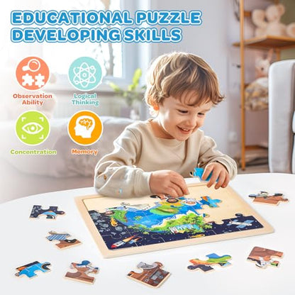 Puzzles for Kids Ages 4-6, 4 Packs 24 Pcs Wooden Jigsaw Puzzles for Toddlers Ages 2-4, Preschool Educational Map Puzzle Toys Gifts for 3 4 5 6 Boys Girls - style: Solar System