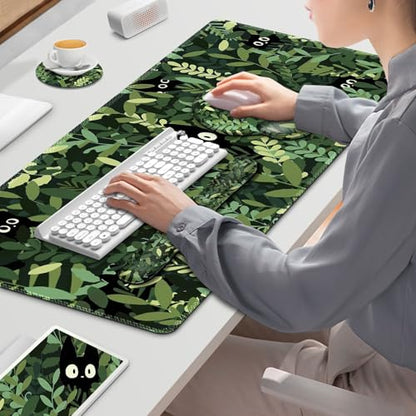 Large Desk Mat, Cute Anime Cats Gaming Mouse Pad, Desk Pad Protector, XXL Mousepad + Keyboard Wrist Rest+Mouse Wrist Rest+Coaster Set with Ergonomic Desk Pad for Home Office PC Computer, Green Leaves - color: Cute Anime Cats