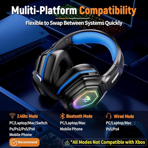 Ozeino 2.4GHz Gaming Headset Wireless with Flip Mic for Ps5, Ps4, PC, Gaming Headphones with RGB Light, 40Hr Battery Bluetooth Headset for Laptop, Mobile, Mac - color: Blue