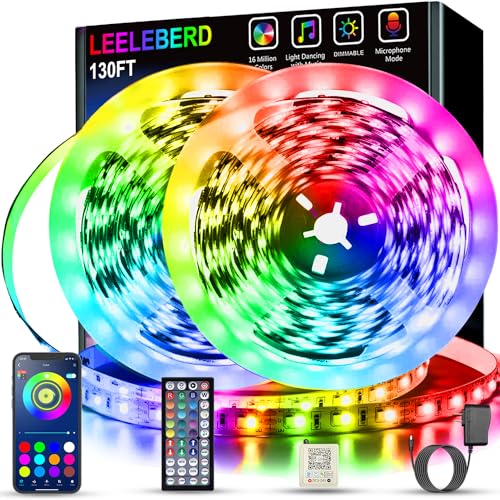 Leeleberd 130 ft Led Lights for Bedroom,(2 Rolls of 65FT) Bluetooth Smart APP Control Color Changing RGB Led Strip Lights with Remote Control Led Lights for Room Kitchen Party Home Decoration - size: 130FT