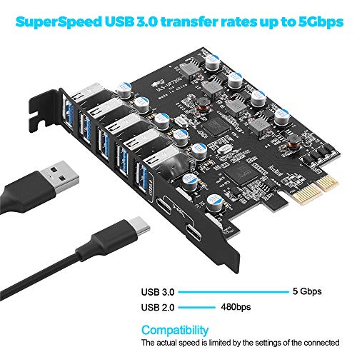PCIE USB 3.0 Expansion Card 7 Ports (5X Type-A and 2 USB C) PCIe Card | Super Speed PCI Express USB 3.0 Hub Controller Adapter, PCIe USB Expansion Card for Windows 11/10/8/7/XP and MAC OS/Linux