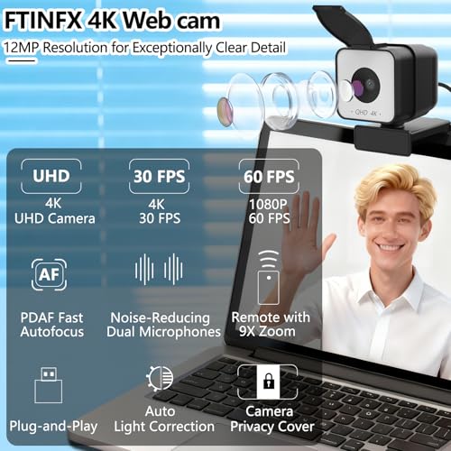 4K USB Webcam with Dual Microphones, 9X Hybrid Zoom, Auto Light Correction, 86° Wide Angle for Video Conferencing, Live Streaming, Remote Work, Compatible with PC Desktop Laptop