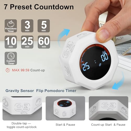 Small Productivity Timer - Pomodoro Timer with 3/5/10/25/60 Min Presets & Custom Countdown | Magnetic Rechargeable Digital Clock for Desk, Study and Games (White) - color: White